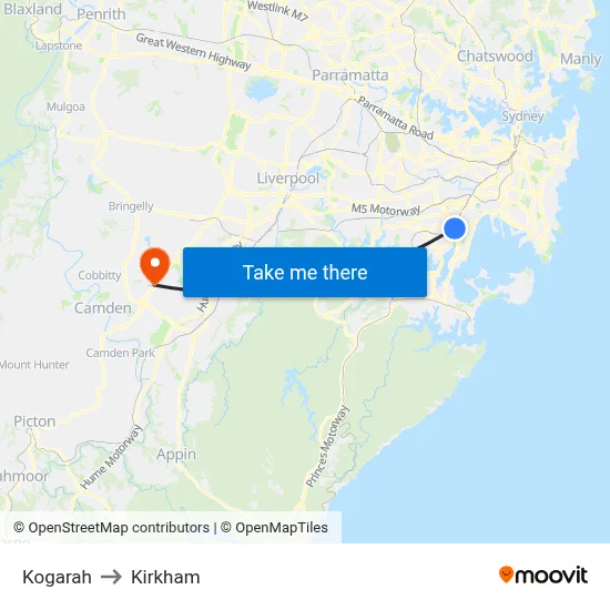 Kogarah to Kirkham map