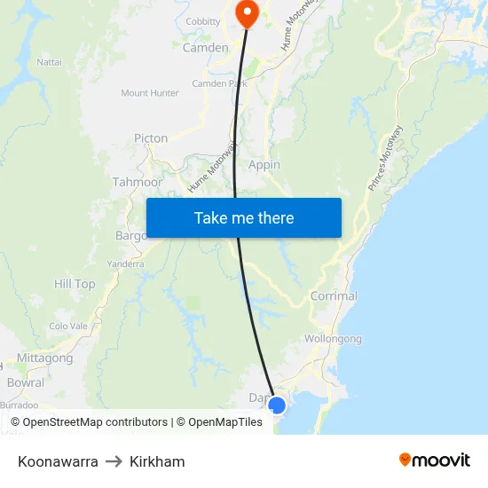 Koonawarra to Kirkham map
