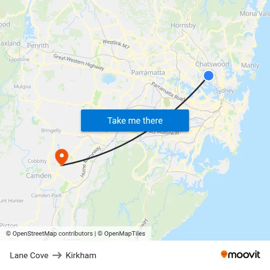 Lane Cove to Kirkham map