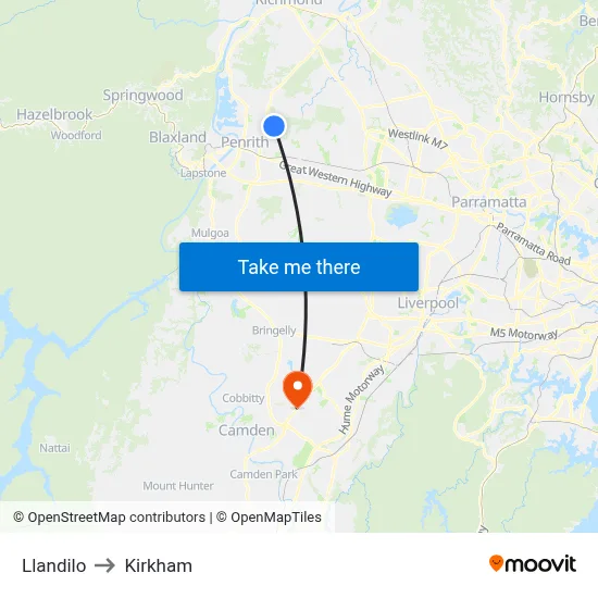 Llandilo to Kirkham map