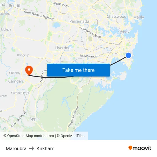 Maroubra to Kirkham map