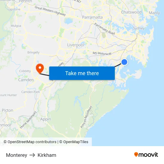 Monterey to Kirkham map