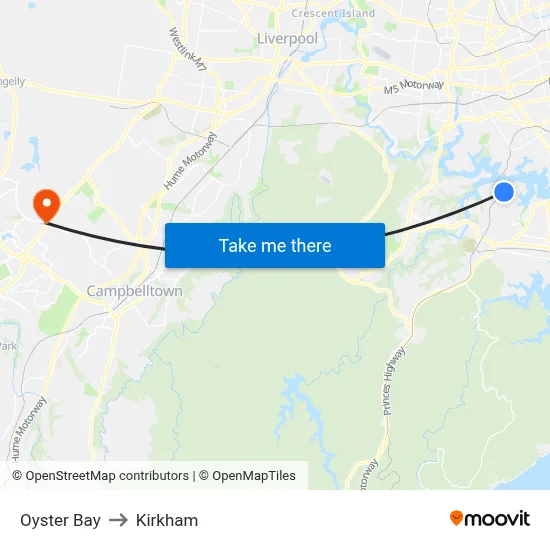 Oyster Bay to Kirkham map