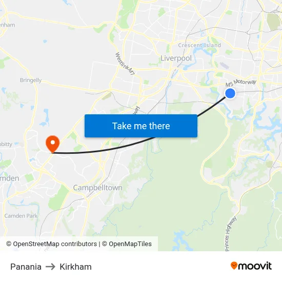 Panania to Kirkham map
