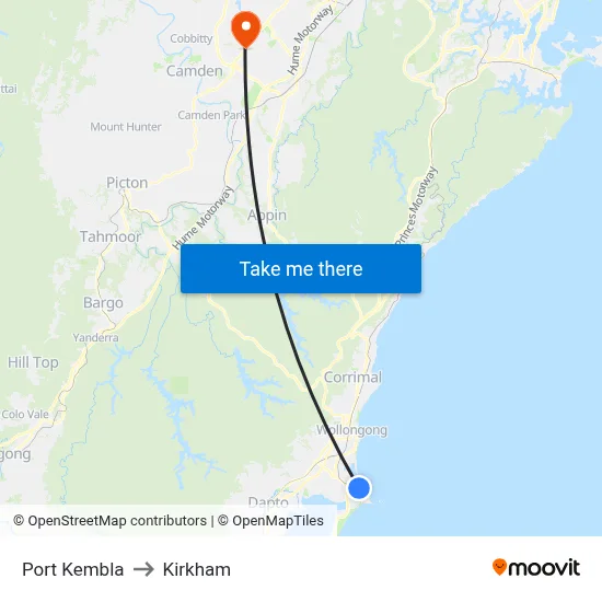 Port Kembla to Kirkham map