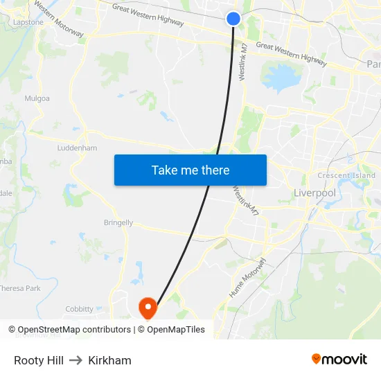 Rooty Hill to Kirkham map