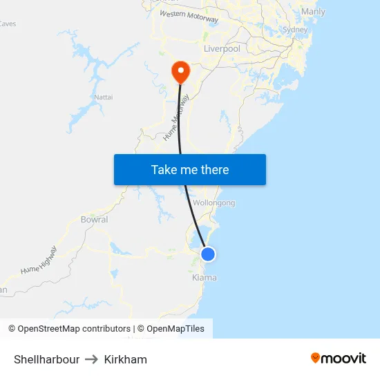 Shellharbour to Kirkham map