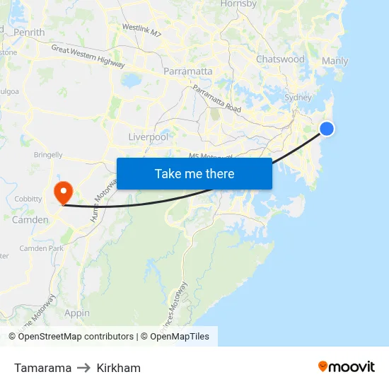 Tamarama to Kirkham map