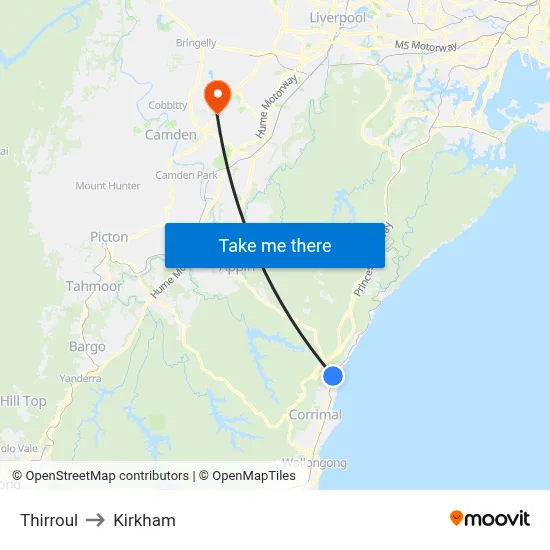 Thirroul to Kirkham map