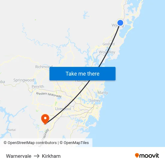 Warnervale to Kirkham map