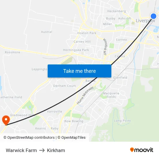 Warwick Farm to Kirkham map