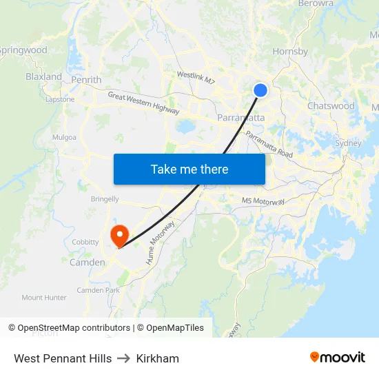 West Pennant Hills to Kirkham map