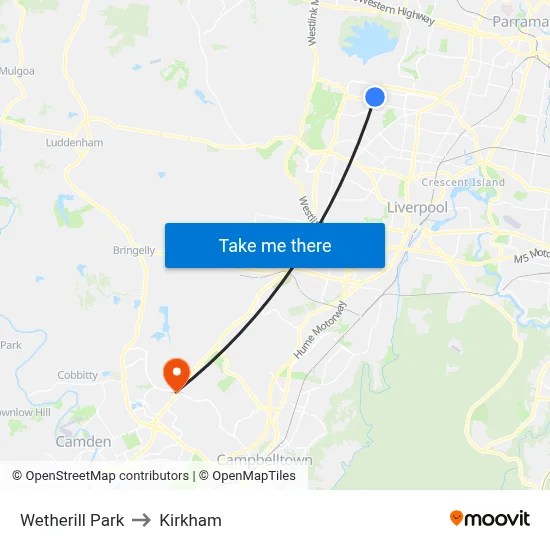 Wetherill Park to Kirkham map