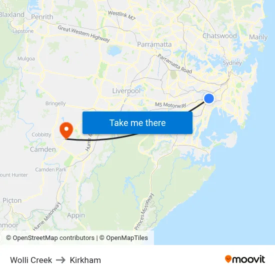 Wolli Creek to Kirkham map