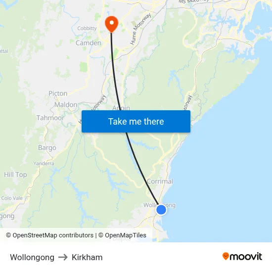 Wollongong to Kirkham map