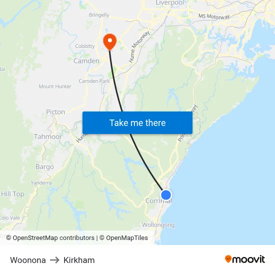 Woonona to Kirkham map