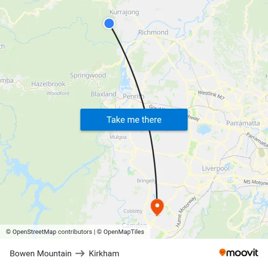 Bowen Mountain to Kirkham map