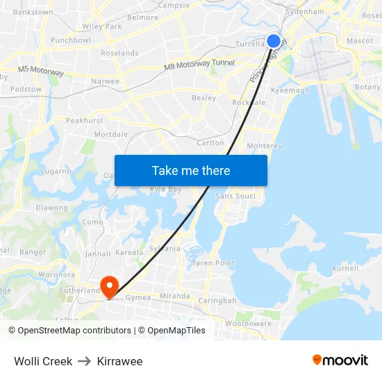 Wolli Creek to Kirrawee map