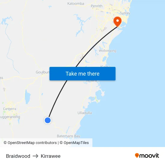 Braidwood to Kirrawee map