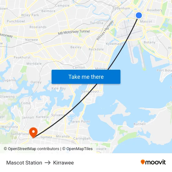 Mascot Station to Kirrawee map