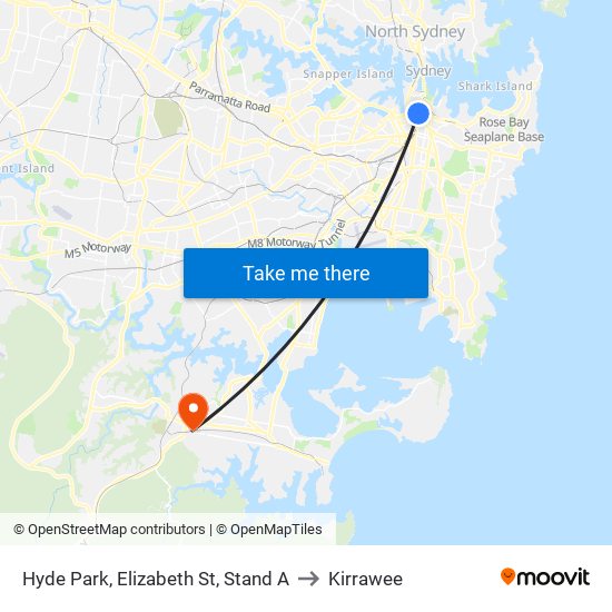 Hyde Park, Elizabeth St, Stand A to Kirrawee map