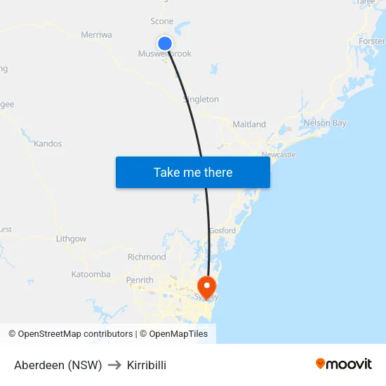 Aberdeen (NSW) to Kirribilli map