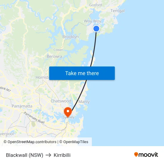 Blackwall (NSW) to Kirribilli map