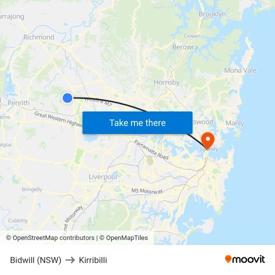 Bidwill (NSW) to Kirribilli map