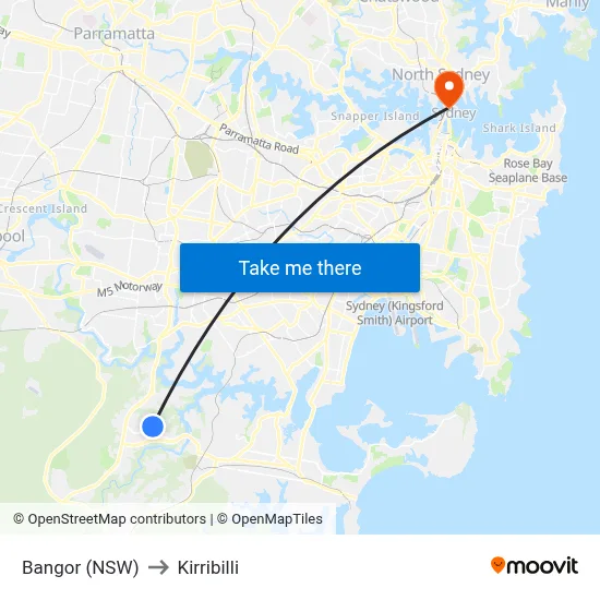 Bangor (NSW) to Kirribilli map
