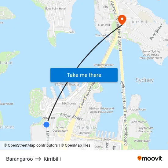 Barangaroo to Kirribilli map