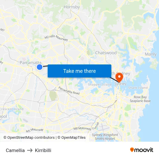 Camellia to Kirribilli map