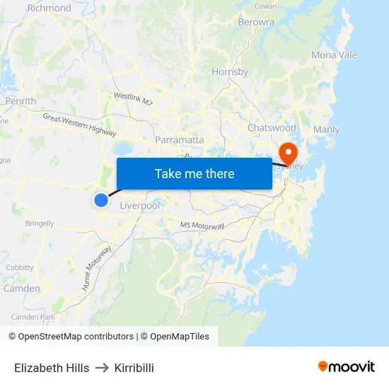 Elizabeth Hills to Kirribilli map