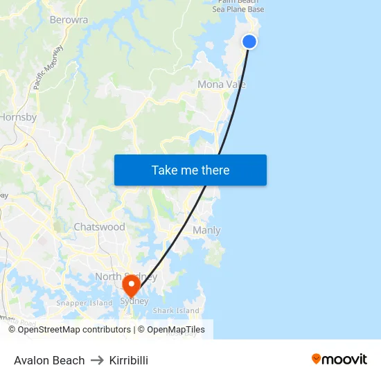 Avalon Beach to Kirribilli map