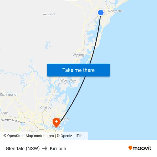 Glendale (NSW) to Kirribilli map