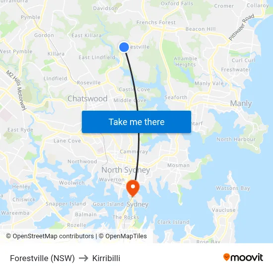 Forestville (NSW) to Kirribilli map