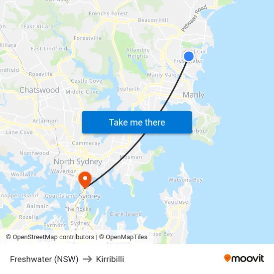 Freshwater (NSW) to Kirribilli map