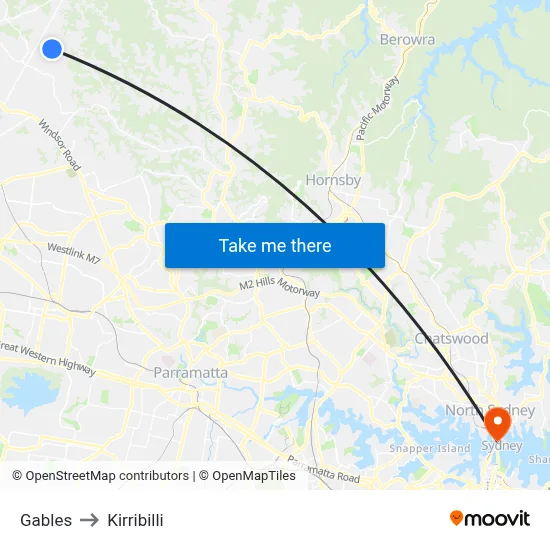 Gables to Kirribilli map