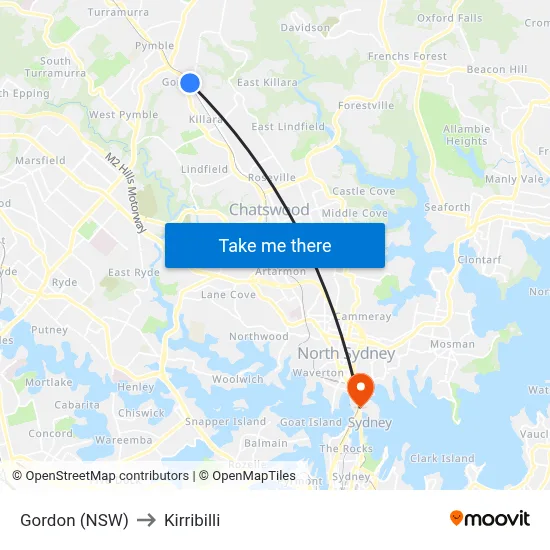 Gordon (NSW) to Kirribilli map