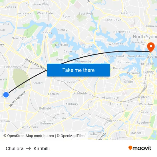 Chullora to Kirribilli map