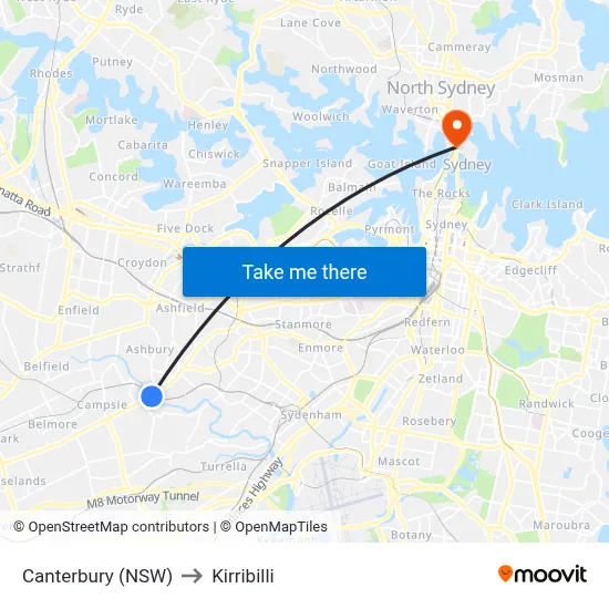 Canterbury (NSW) to Kirribilli map
