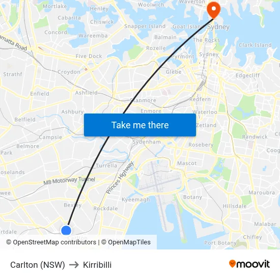 Carlton (NSW) to Kirribilli map