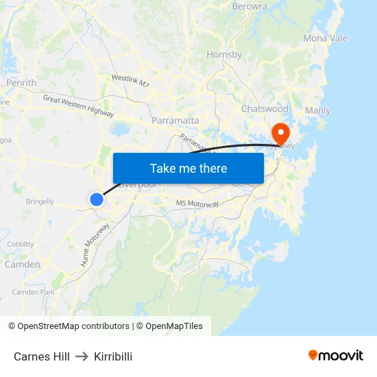 Carnes Hill to Kirribilli map