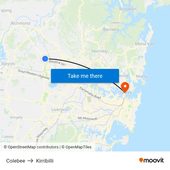 Colebee to Kirribilli map