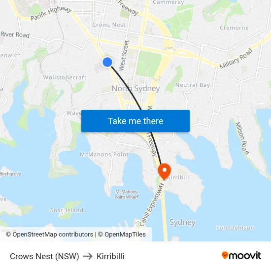 Crows Nest (NSW) to Kirribilli map