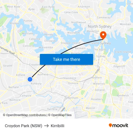 Croydon Park (NSW) to Kirribilli map