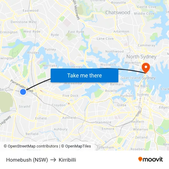 Homebush (NSW) to Kirribilli map