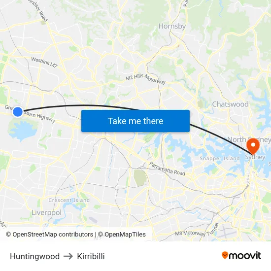 Huntingwood to Kirribilli map