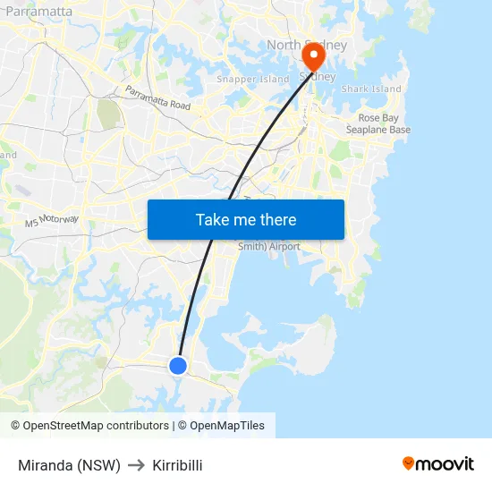 Miranda (NSW) to Kirribilli map