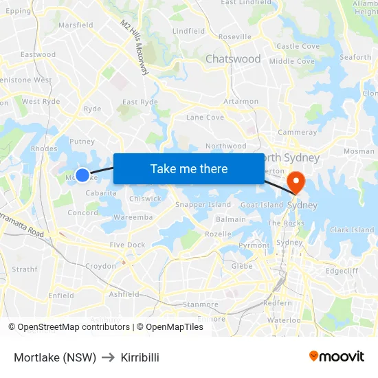 Mortlake (NSW) to Kirribilli map