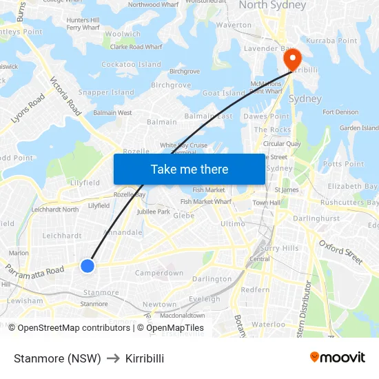 Stanmore (NSW) to Kirribilli map